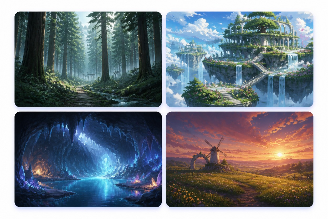 Hero complete Scene Prompt + Visual Controls → AI Anime Backgrounds workflow with no characters. Prompt exact text RAINY HILLSIDE TRAIN PLATFORM AT BLUE HOUR. Controls WEATHER RAIN, TIME BLUE HOUR, PALETTE INDIGO + AMBER, VIEW WIDE. Three finished original anime-inspired environment plates show the same empty hillside station: wide establishing shot, track-level angle, covered waiting-area view. Preserve red bench, cream shelter, two rails, mountain silhouette and amber lamps. Exact labels Scene Prompt, Visual Controls, Background Results. No people, known anime location, studio imitation, franchise symbol, logo, watermark or gibberish.