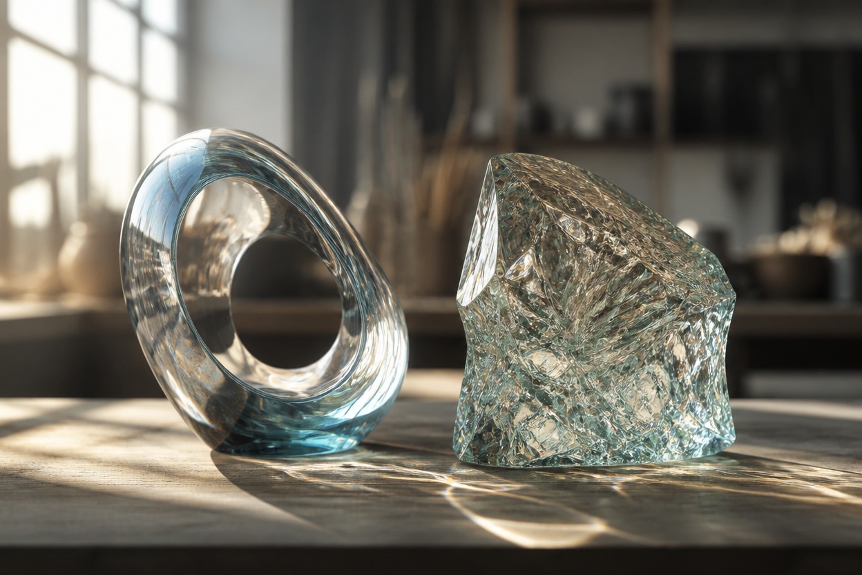 Glass art objects in a single studio scene suggesting image generation and editing