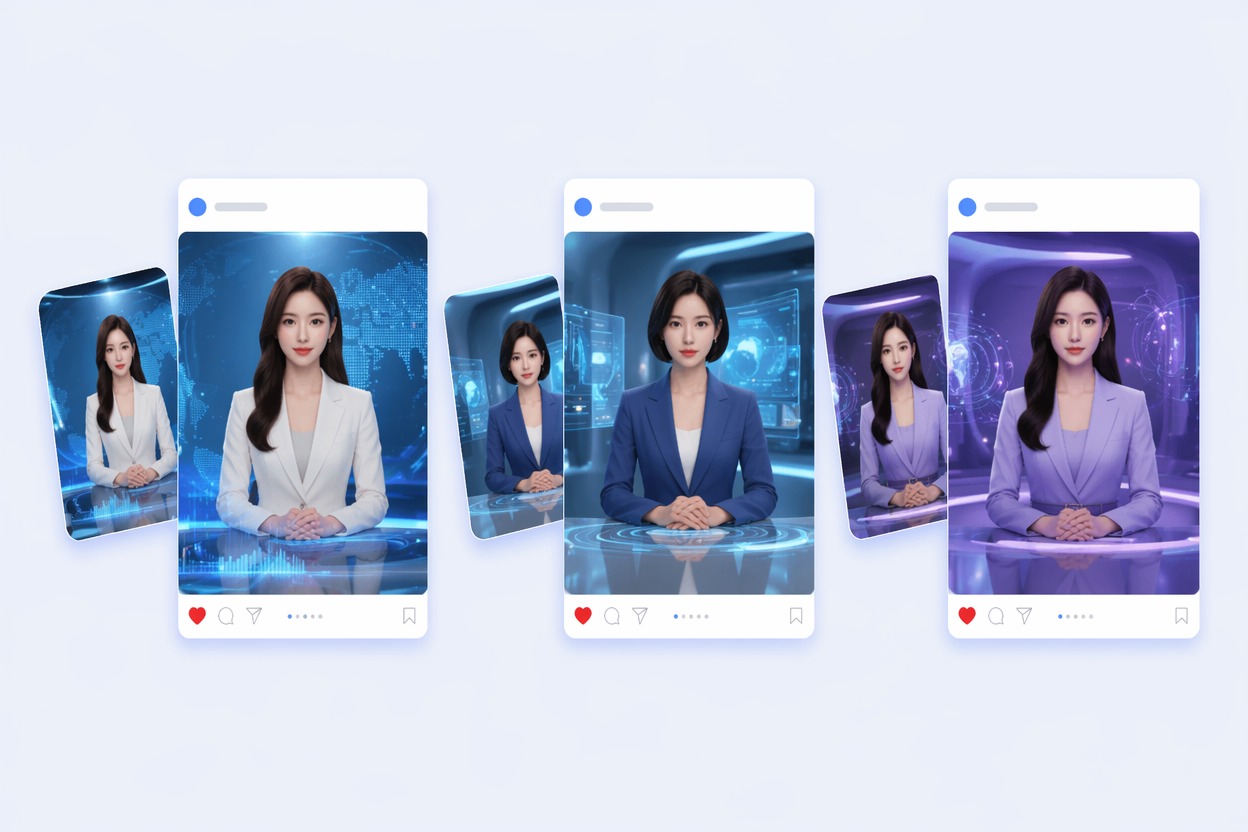 AI news reporter delivering a camera-facing segment