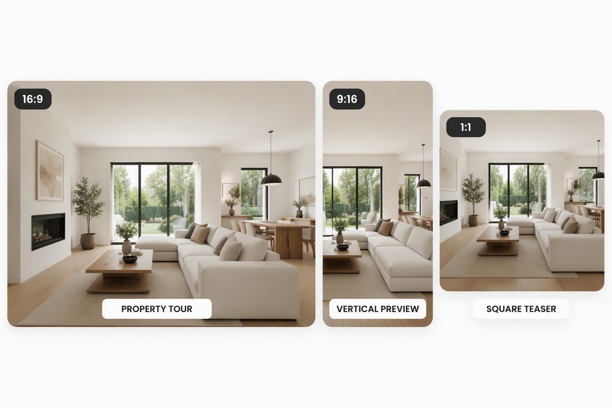 Feature output-version board using the same verified fictional home exterior and living-room assets in three clearly different frames: wide 16:9 PROPERTY TOUR, tall 9:16 VERTICAL PREVIEW, square 1:1 SQUARE TEASER. Keep the same white walls, black windows, oak floor and cream furniture in every crop. No edit timeline, new room, price, address, dimensions, amenity, platform logo or brand.