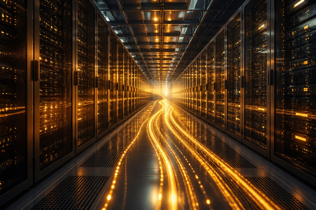 Golden light trail through an unbranded data center corridor