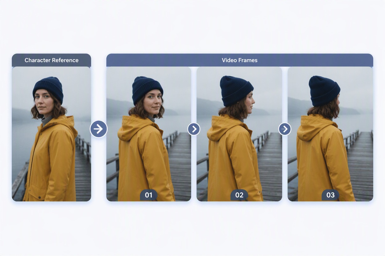 Feature-Workflow für originäre Charakter-Referenzen mit fiktiver Frau (35 Jahre) in senfgelbem Regenmantel und marineblauer Beanie auf einem nebligen Pier; drei Video-Frames zeigen eine sanfte Drehung mit sichtbarem Gesicht, Mantel, Beanie, Pier und Nebel. Beschriftungen: Charakter-Referenz, Video-Frames. Keine Person des öffentlichen Lebens oder Logo.