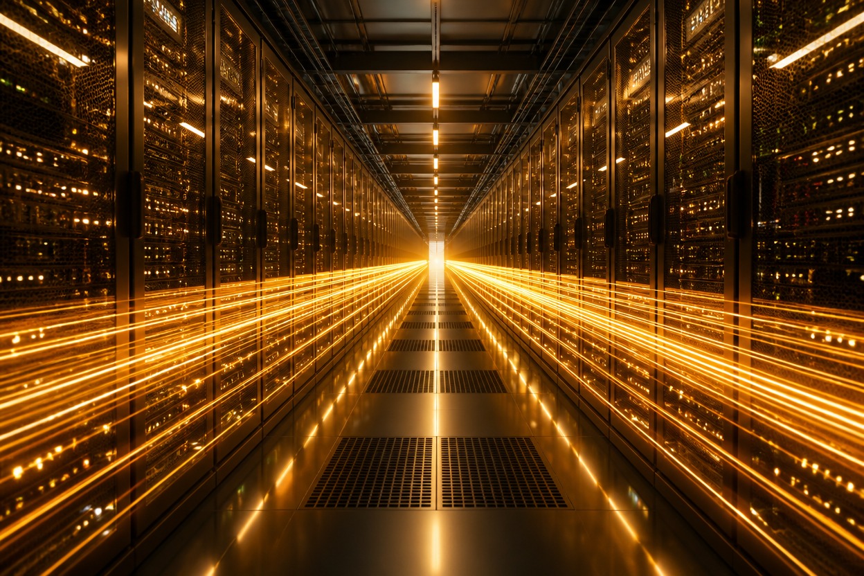 Golden light trail in an unbranded data center corridor