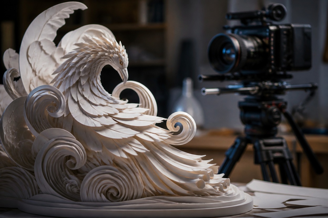 Camera capturing a paper sculpture scene for image-to-video production