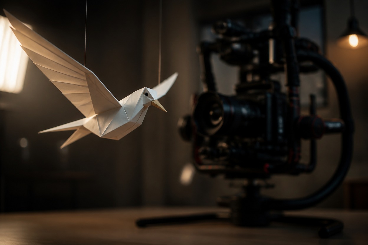 Camera rig filming a suspended paper bird for image-to-video production