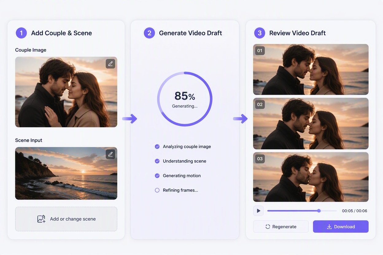 Feature personal-story storyboard with a fictional couple seated on a sofa in navy and beige clothing, affectionate cheek kiss and relaxed conversation, same identities and room.
