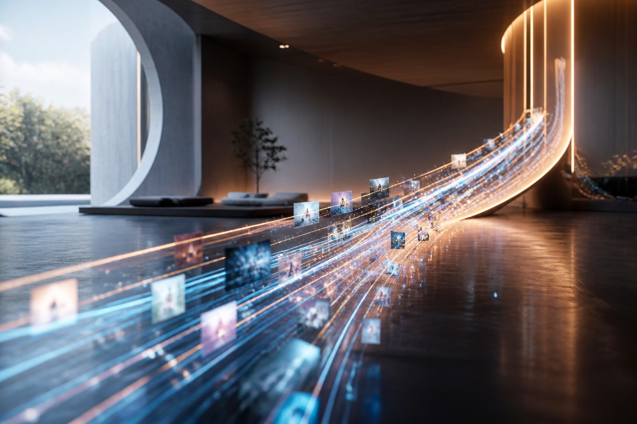 Wide cinematic production scene illustrating asynchronous video delivery
