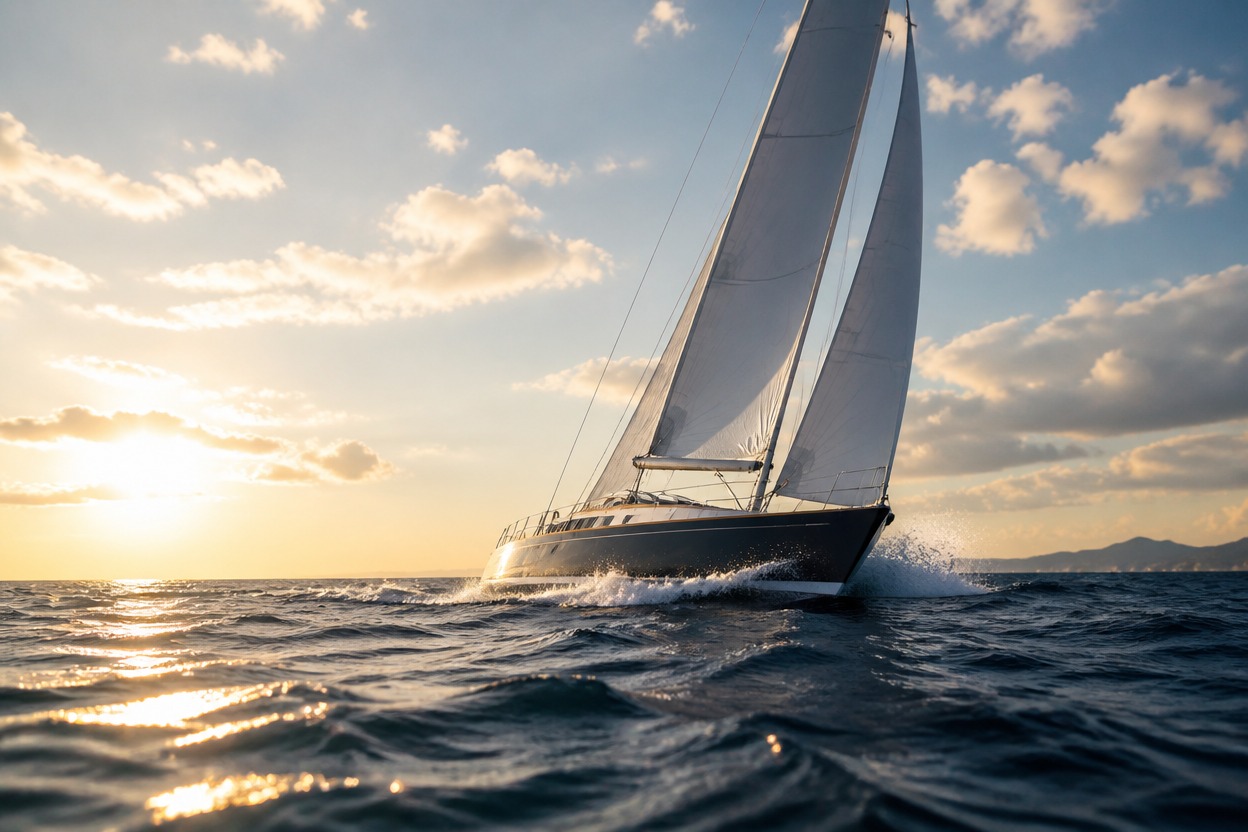 Wind-driven sailboat scene illustrating prompt-to-video generation