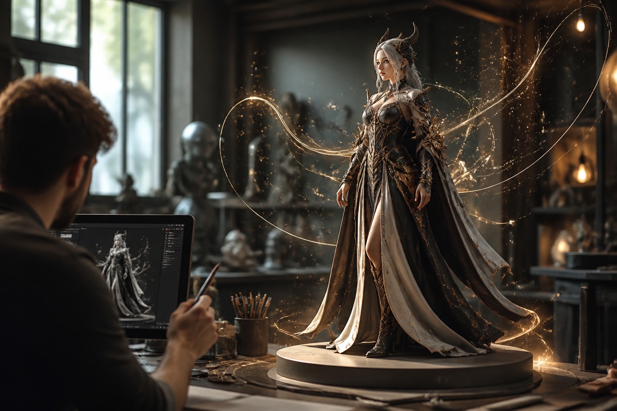 Original fantasy character in a cinematic creative studio representing the OC Maker API