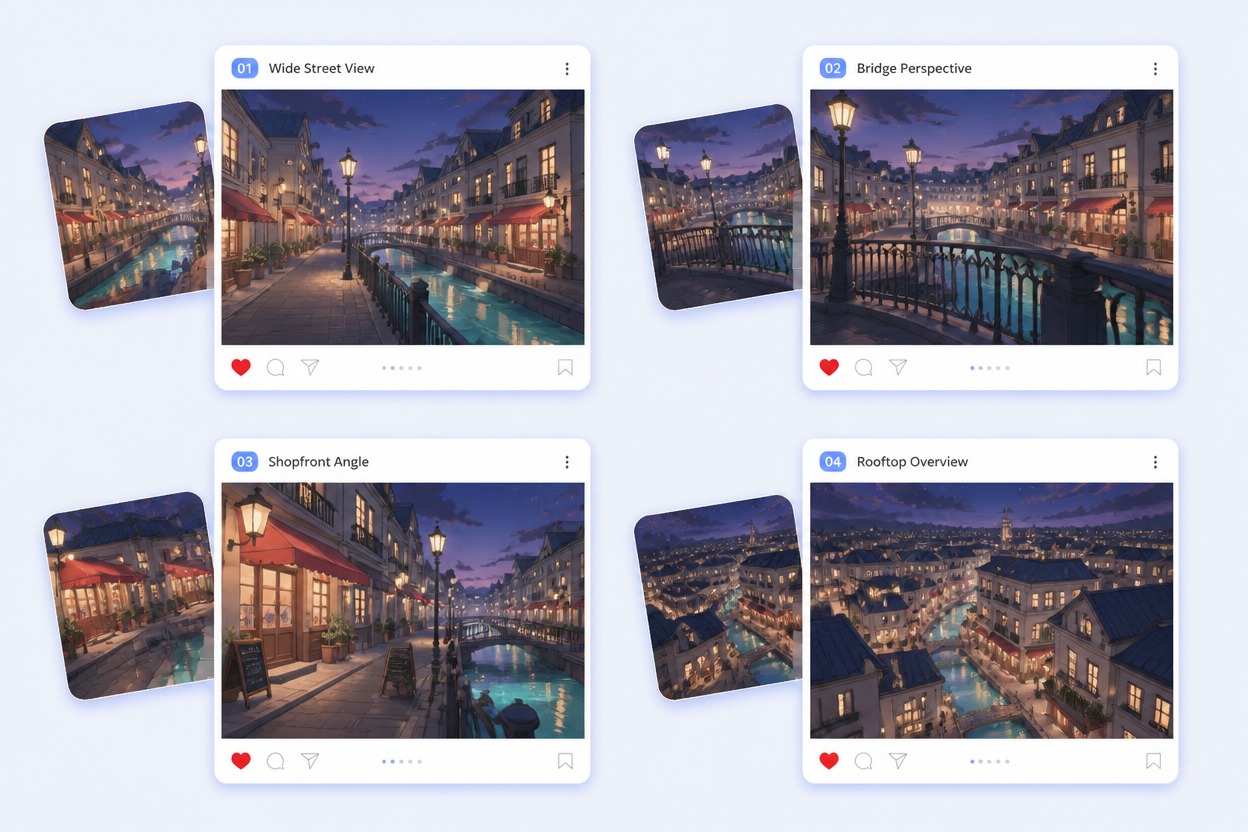 Feature cinematic city-background board with one original canal district at night: WIDE STREET, BRIDGE VIEW, SHOPFRONT ANGLE, ROOFTOP VIEW. Preserve turquoise canal, coral awnings, narrow cream buildings and violet sky across all four views. No people, cars, readable store brands, known anime city, logos or watermark.