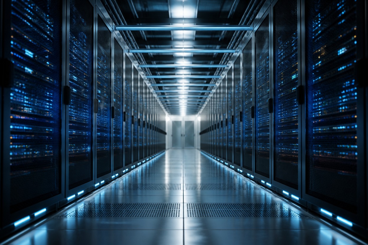 Unbranded data-center corridor representing asynchronous image delivery