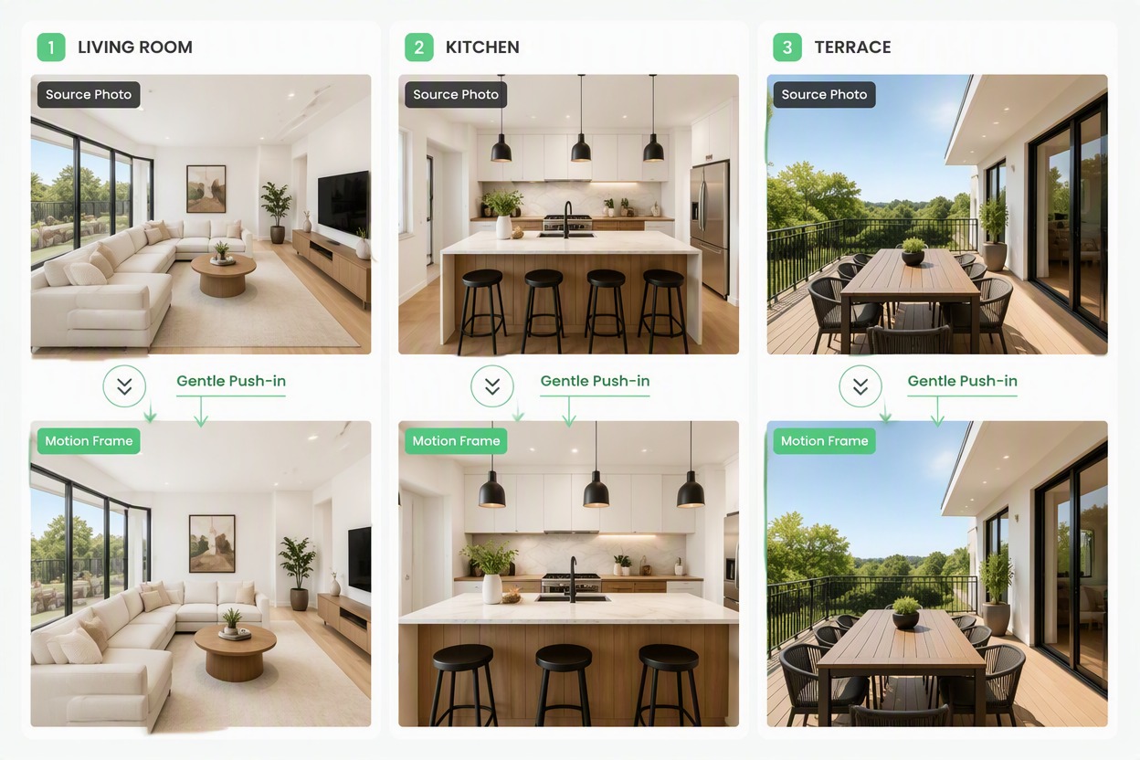 Feature matched Source Photo → Motion Frame comparisons for living room, kitchen and patio of the same home. Gentle push-in arrows only; preserve walls, windows, furniture, fixtures, room size and view. Exact labels Source Photo, Motion Frame.