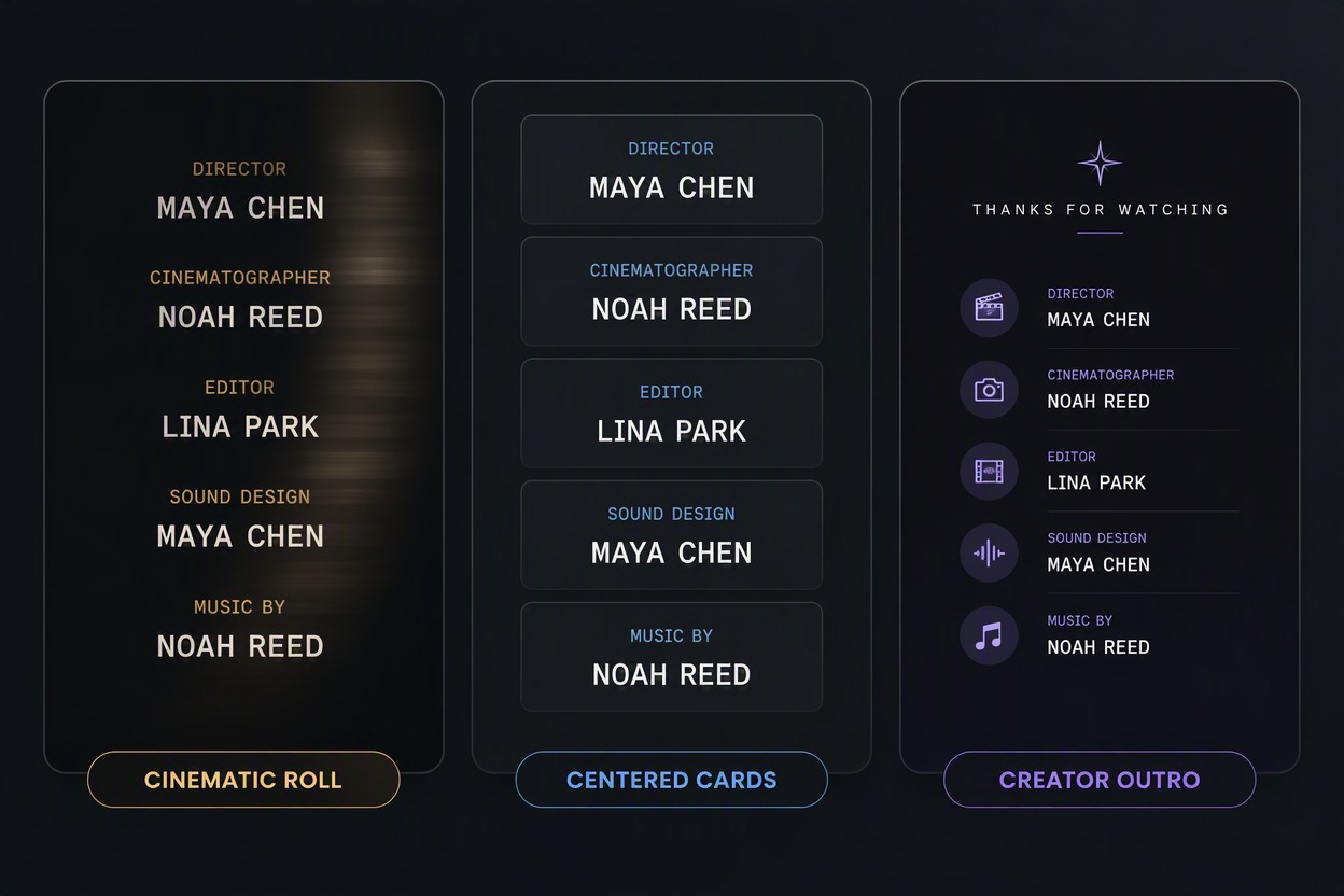 呈現黑色背景上清晰可讀的滾動字幕序列，具備精確文字 CAST, MAYA CHEN — HOST, NOAH REED — EDITOR, LINA PARK — MUSIC, SPECIAL THANKS。一致的置中白色字體、寬裕的間距與清晰的角色名稱階層。沒有額外文字、標誌、浮水印或亂碼。