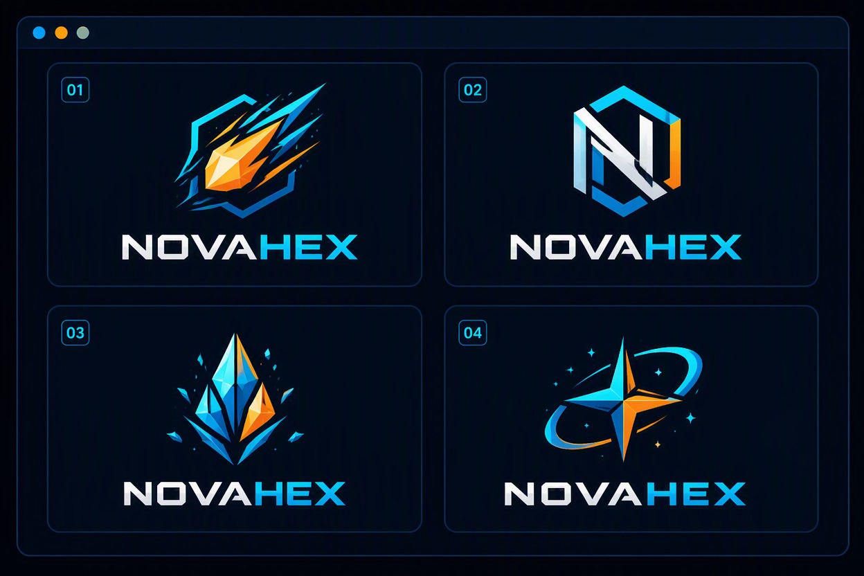 Hero complete logo workflow: Channel Brief card says NOVAHEX and ORIGINAL COMET EMBLEM; arrow to four polished logo results using one original angular comet inside a hexagonal outline with exact readable wordmark NOVAHEX. Palette deep navy, cyan and warm orange. Show avatar and banner applications. Do not use Twitch wordmark, Twitch chat-bubble glyph, official game symbols, franchise characters, public-figure likeness, watermarks, misspellings or extra text.