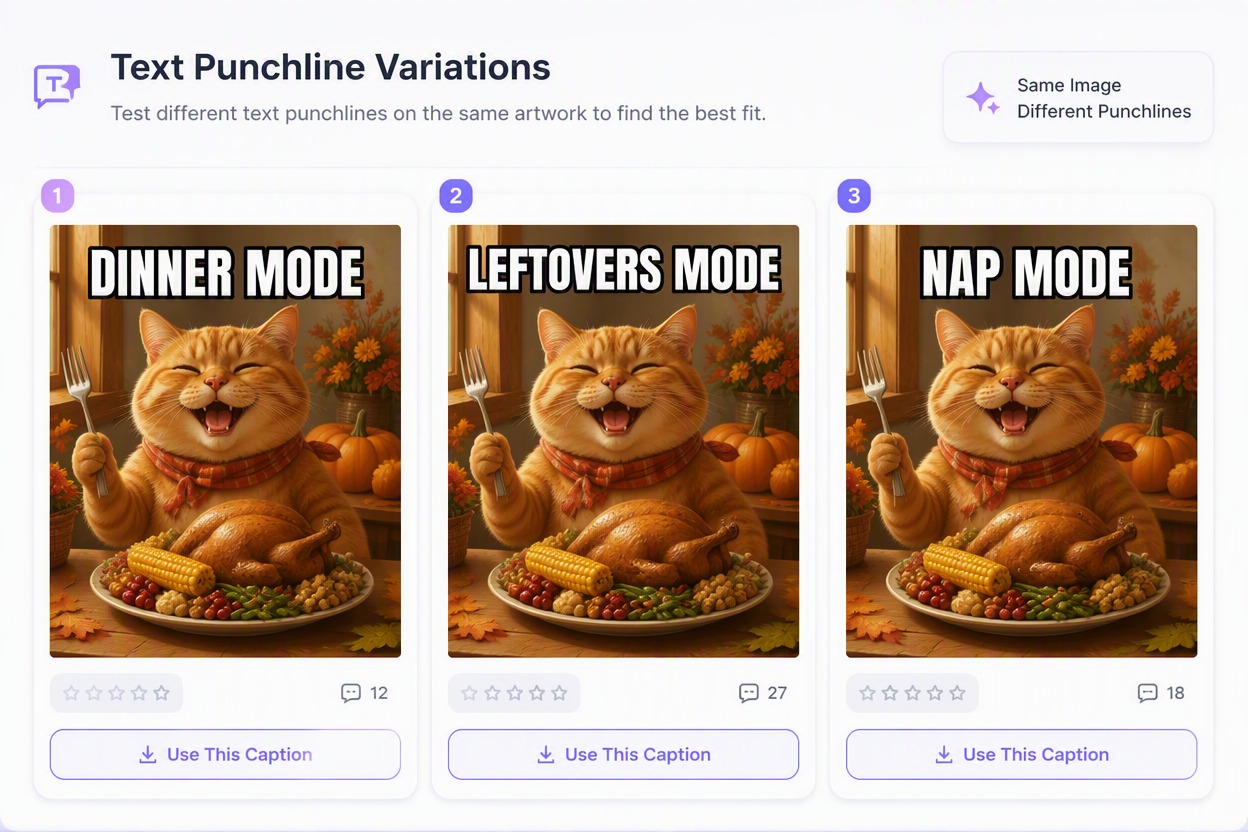 Feature caption-variant board using the same orange cat harvest artwork in three cards with the captions DINNER MODE, LEFTOVERS MODE, and NAP MODE.