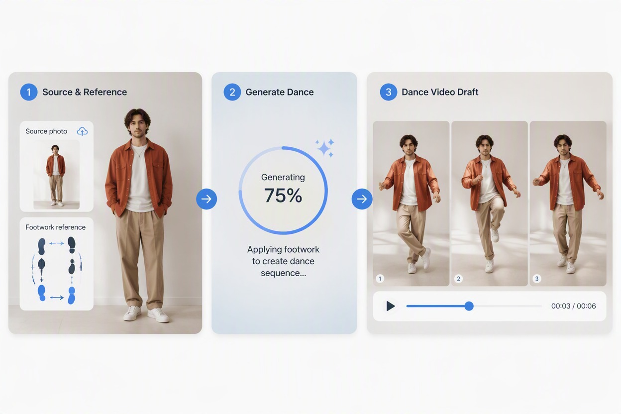 Feature workflow with one fictional man in a plain rust overshirt, charcoal trousers and white sneakers plus a lateral Footwork Reference; three Dance Video frames show the subject performing footwork in a studio.