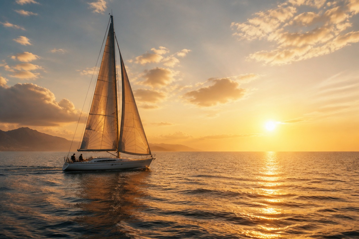 Cinematic ocean scene with a sailboat moving through golden light
