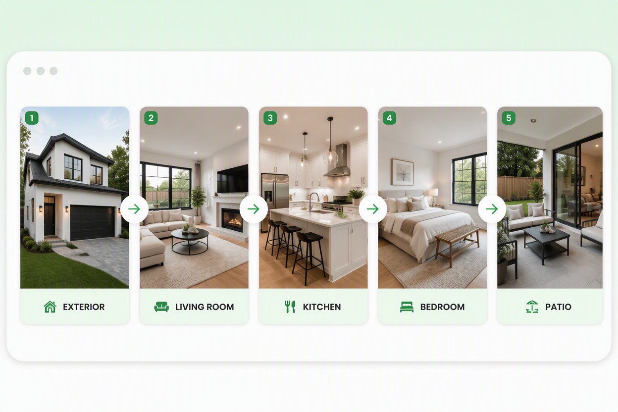 Feature coherent room-by-room storyboard of one fictional home: EXTERIOR, LIVING ROOM, KITCHEN, BEDROOM, PATIO. Preserve white plaster exterior, black window frames, oak floor, cream furniture and courtyard geometry. No people, logos, text gibberish or impossible room changes.