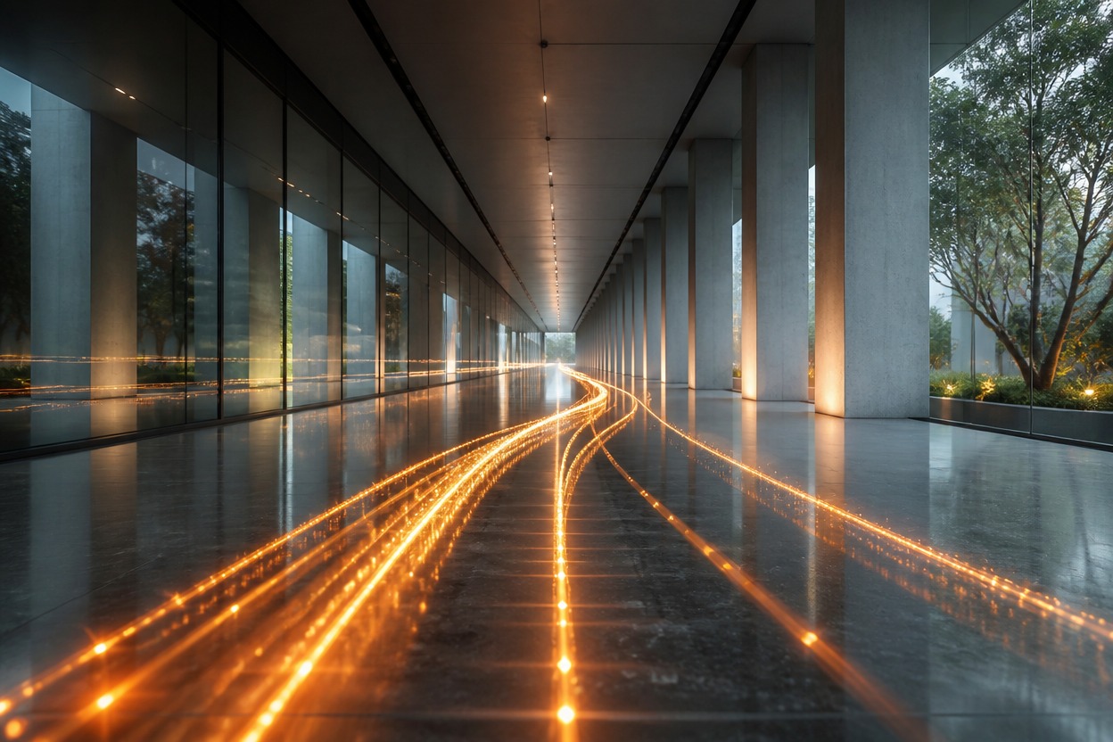 Unbranded data corridor with a continuous light trail representing async delivery