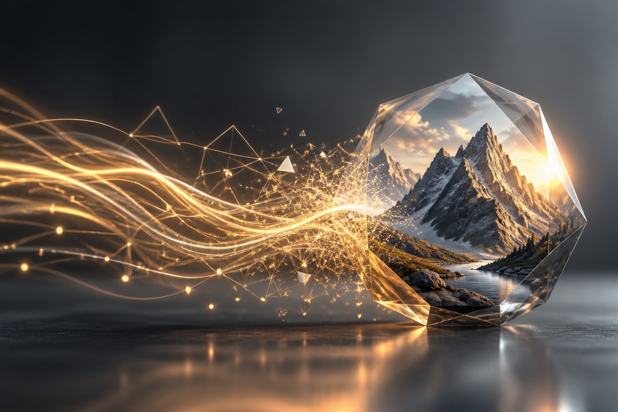 An imaginative single-scene visual showing a detailed prompt becoming a finished image