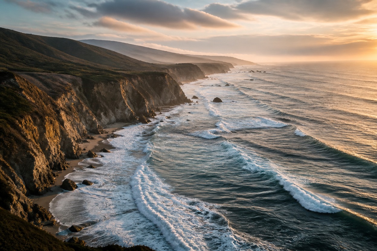 Atmospheric coastal landscape illustrating prompt-driven video