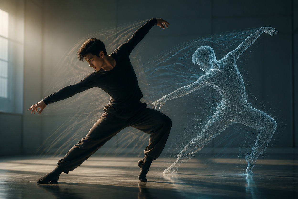 Performer demonstrating continuous movement in one unbranded studio scene