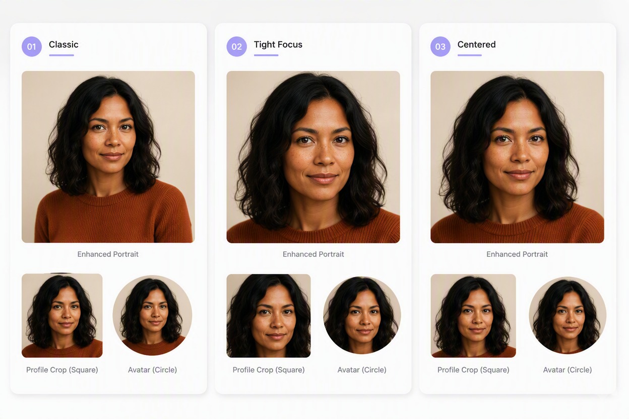 Porträt-Ausgabetafel mit demselben optimierten Foto als vollem Rechteck, quadratischem Profilausschnitt und rundem Avatarausschnitt, mit konsistenten Gesichtszügen, Sommersprossen, welligem schwarzen Haar, Ausdruck und Farbe.