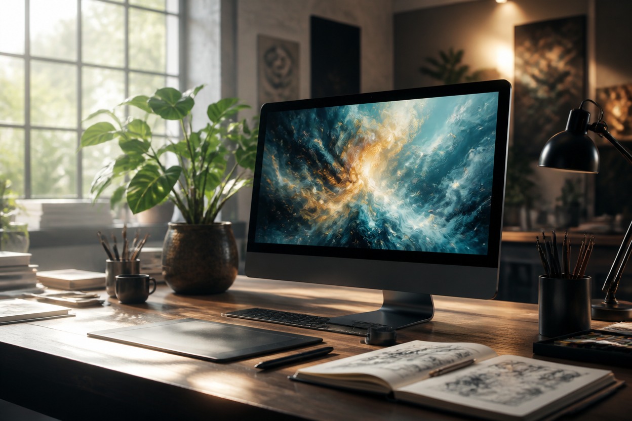 A cinematic creative studio scene representing Z-Image text-to-image generation
