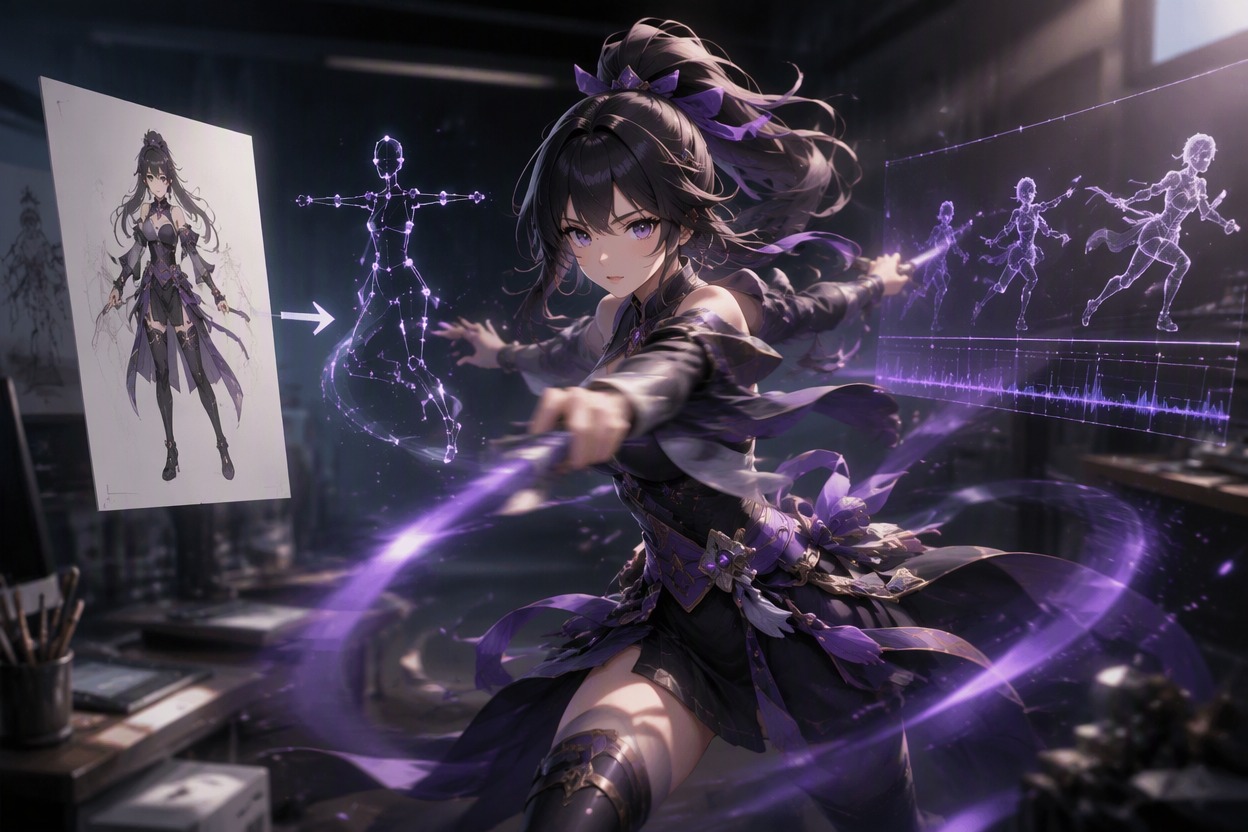 Visualisierung des KI-Anime-Video-Generators zum Animieren von Charakterillustrationen