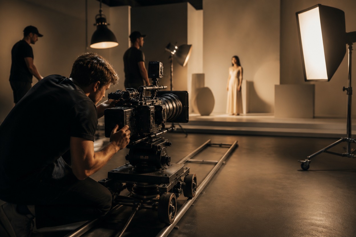 Film crew preparing a controlled set for reference-guided video