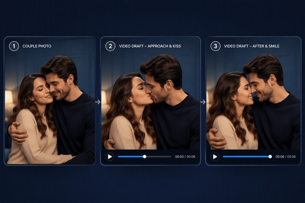 Feature complete workflow with a fictional couple in charcoal and cream coats at dusk, Couple Image leading to three Video Draft frames of approach, gentle closed-mouth kiss and relaxed ending, exact continuity.