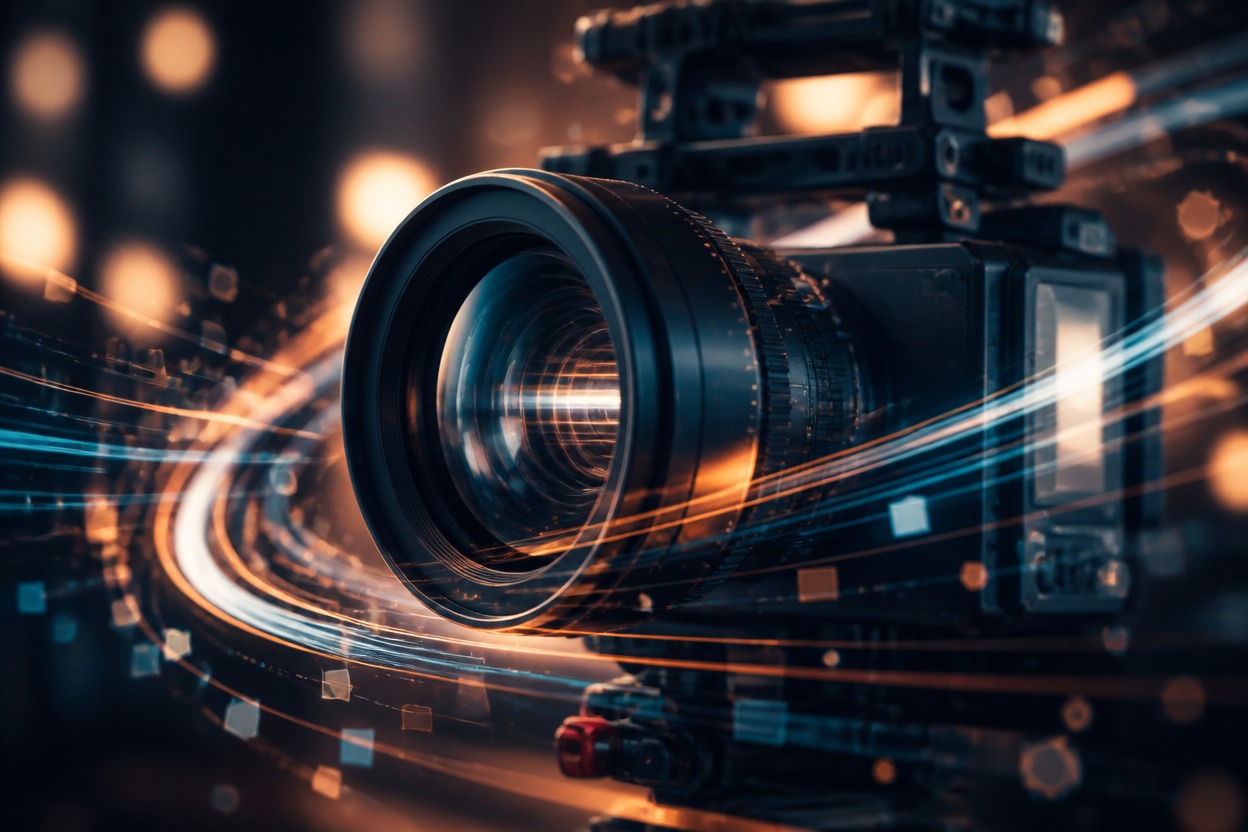 Cinema camera and light trails representing controlled video transformation