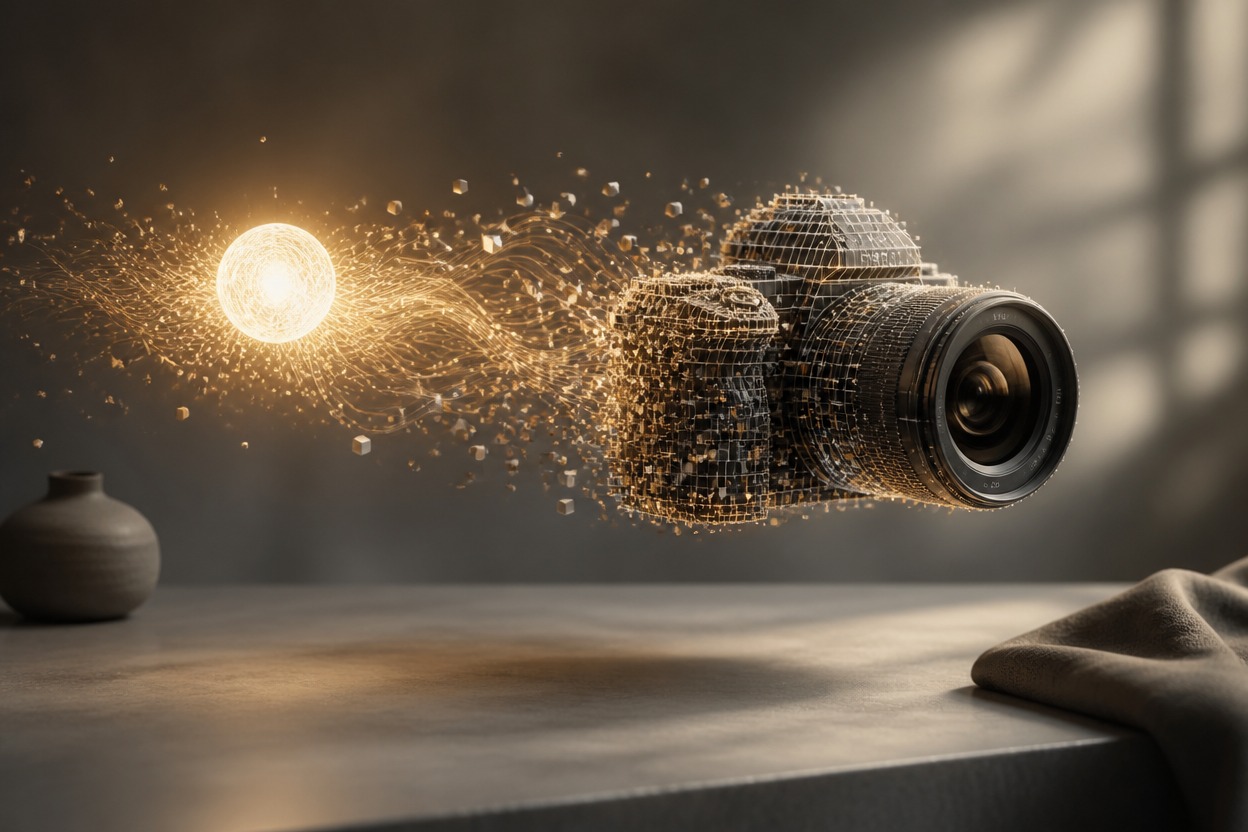 Detailed single-scene studio still life representing prompt-led image generation