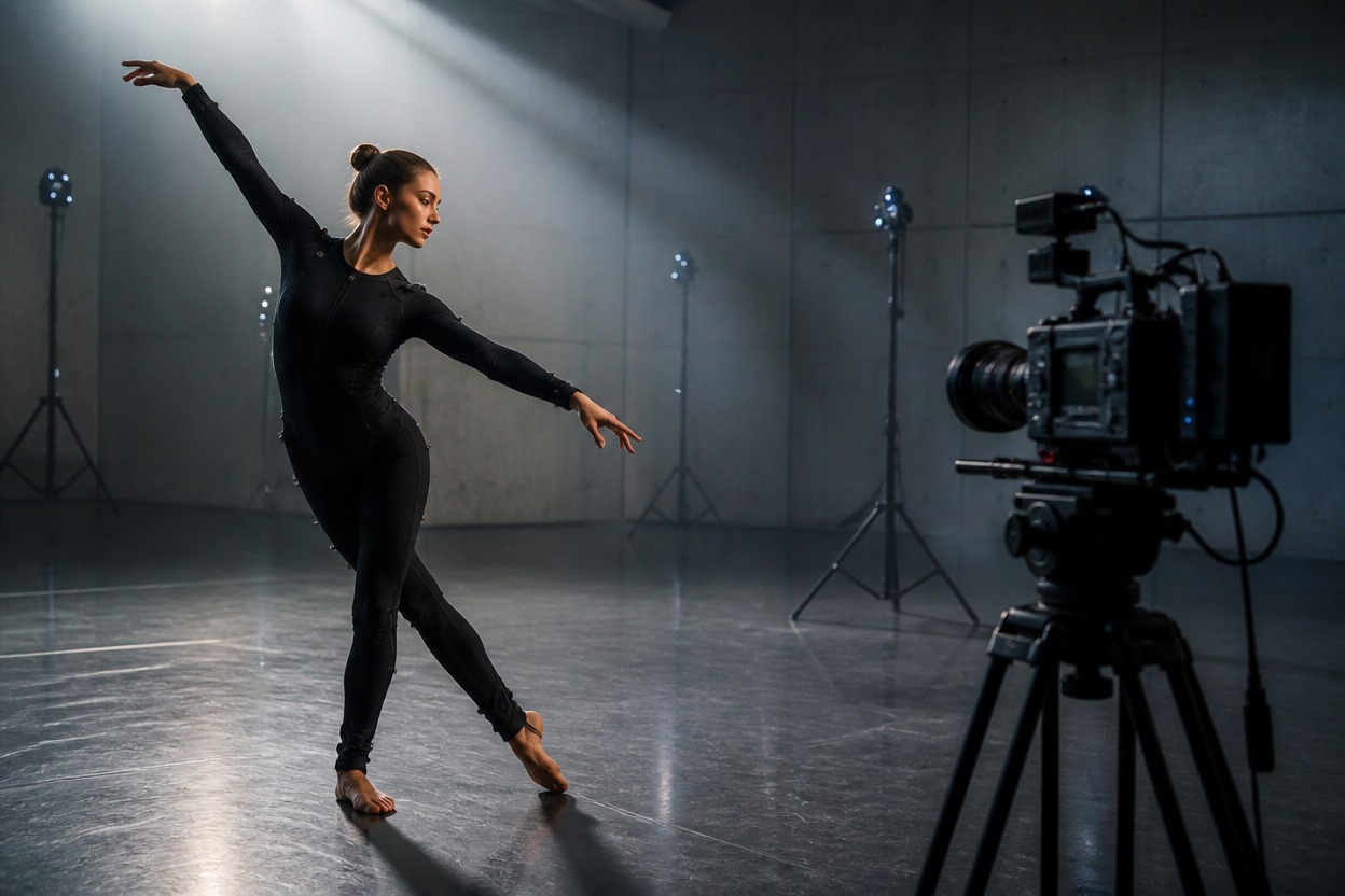 Dancer and cinema camera capturing motion for an AI dance replacement workflow