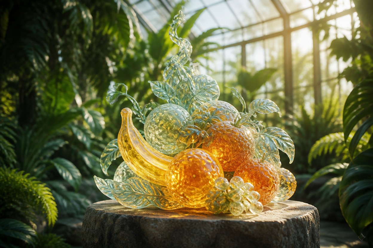Glowing fruit sculpture in a botanical greenhouse