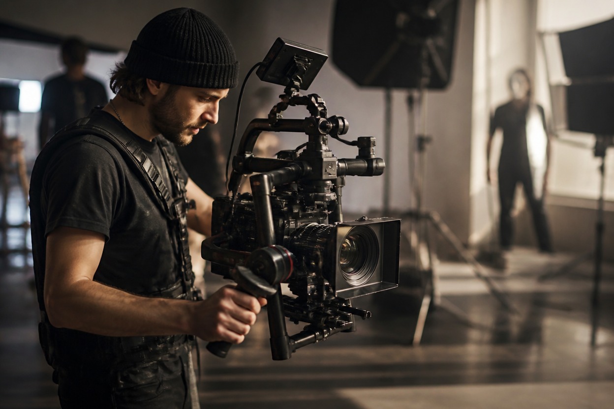 Unbranded camera crew filming one continuous controlled scene