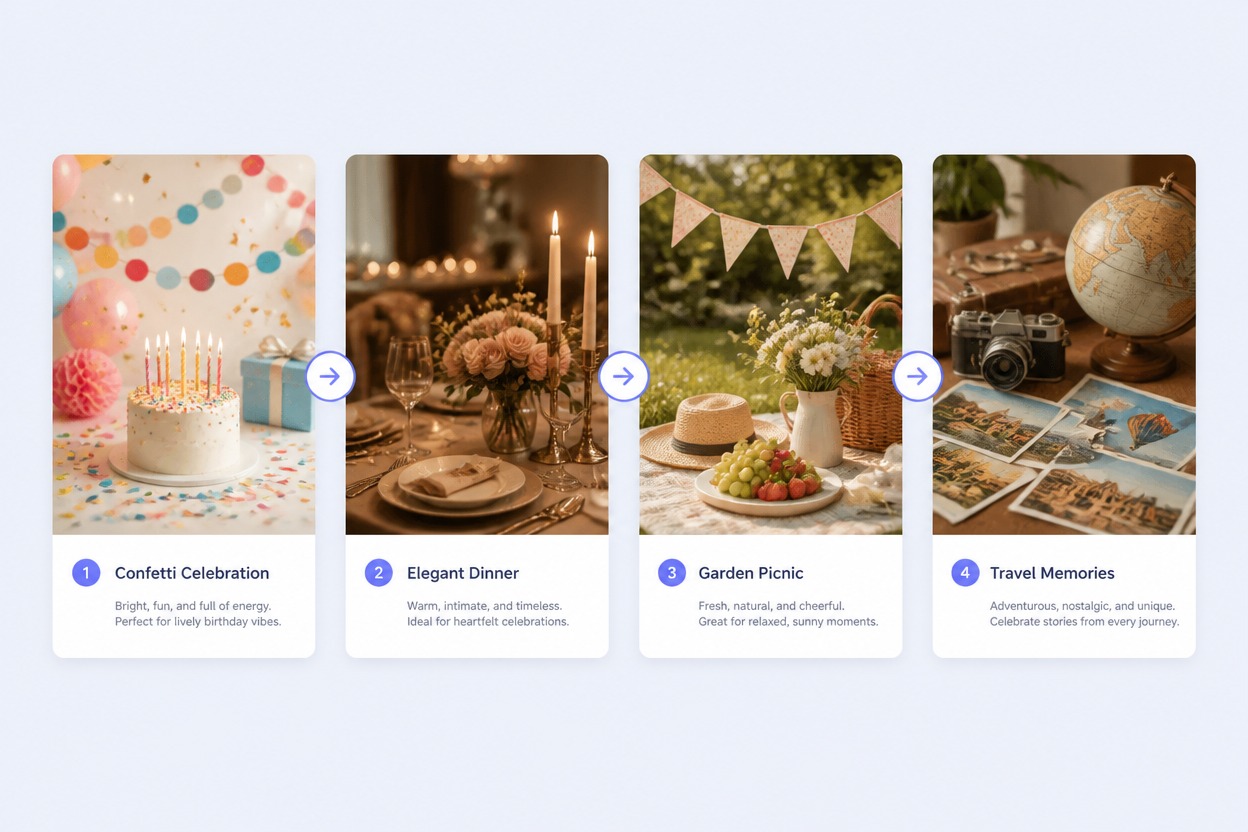 Birthday visual theme board with confetti, elegant dinner, garden picnic, and travel memories.