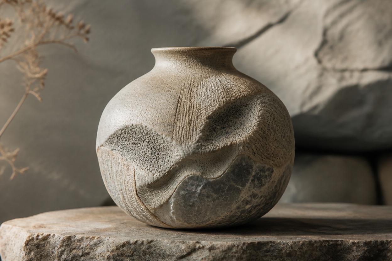 Single ceramic vessel guided by textile and mineral references