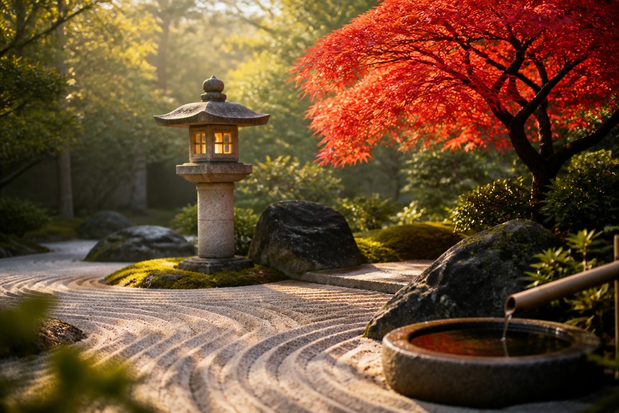 Serene Japanese garden representing prompt-based image generation