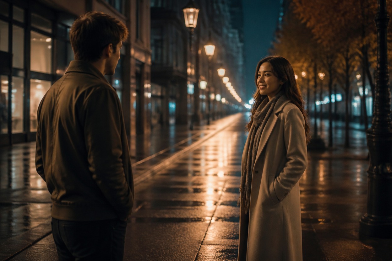 Two original characters meeting on a cinematic night street