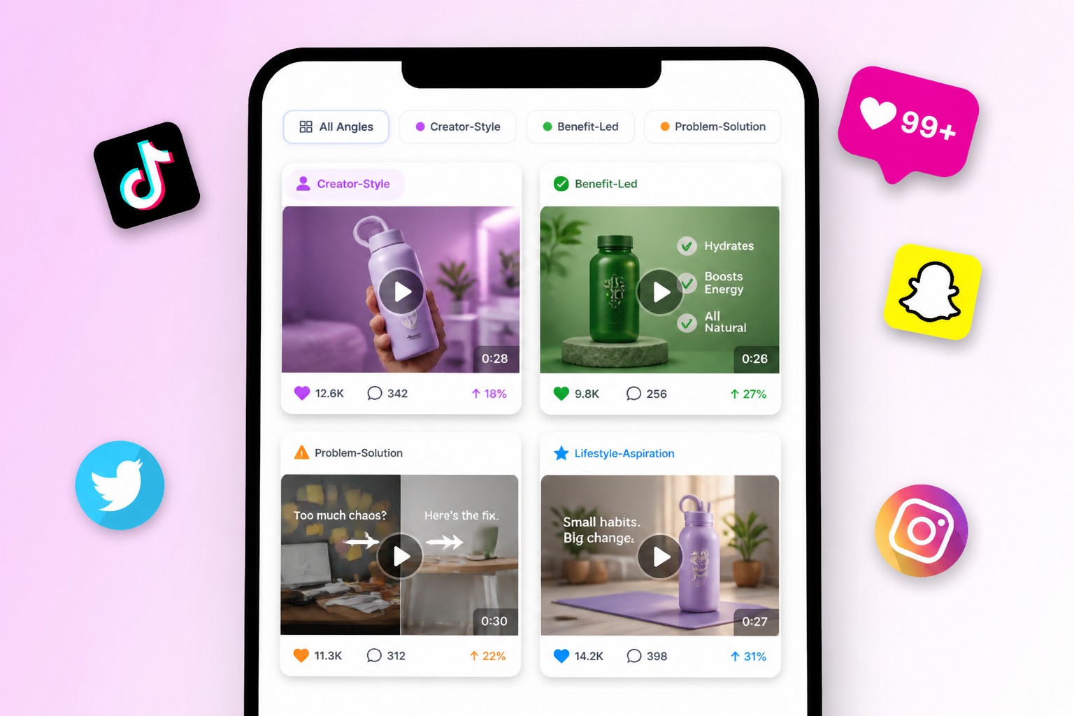 hook-first social media ad draft with vertical product video frames
