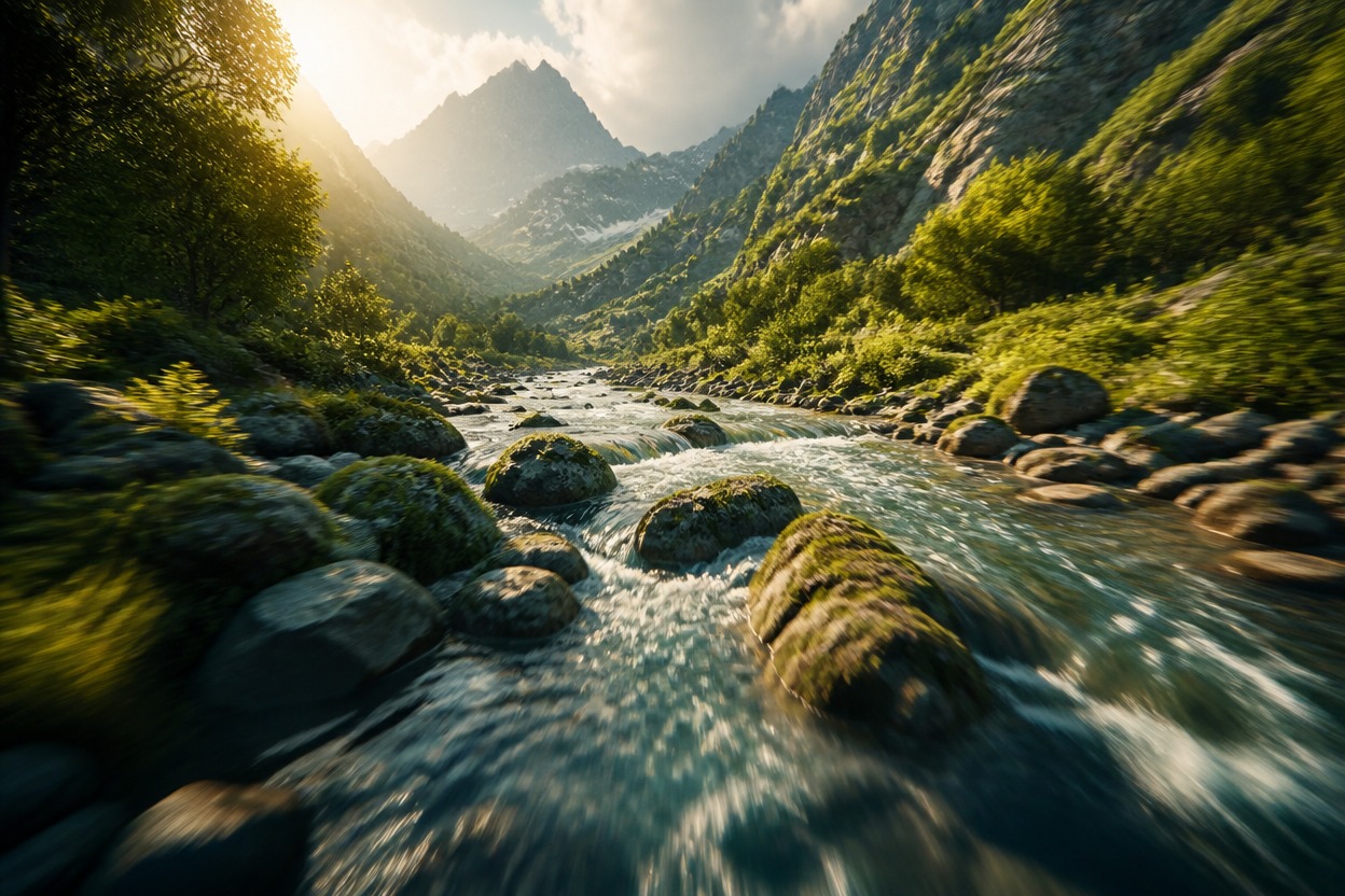 Cinematic movement through a natural river valley for Kling 2.6 Motion Control API