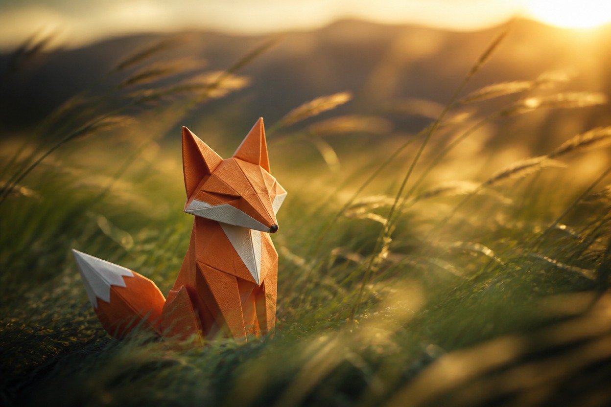 Cinematic reference-image-to-video scene with an origami fox in windblown grass