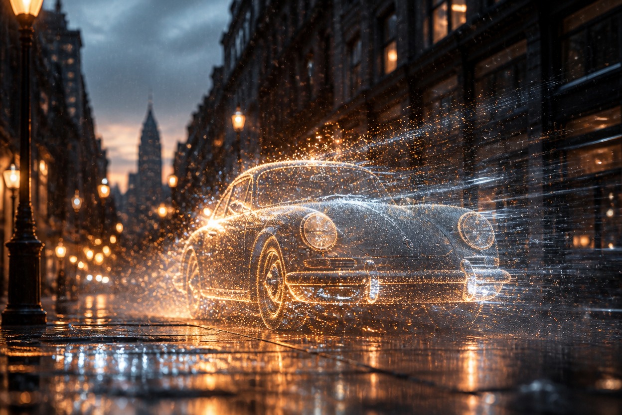 Rain-swept cinematic scene illustrating text-to-video generation