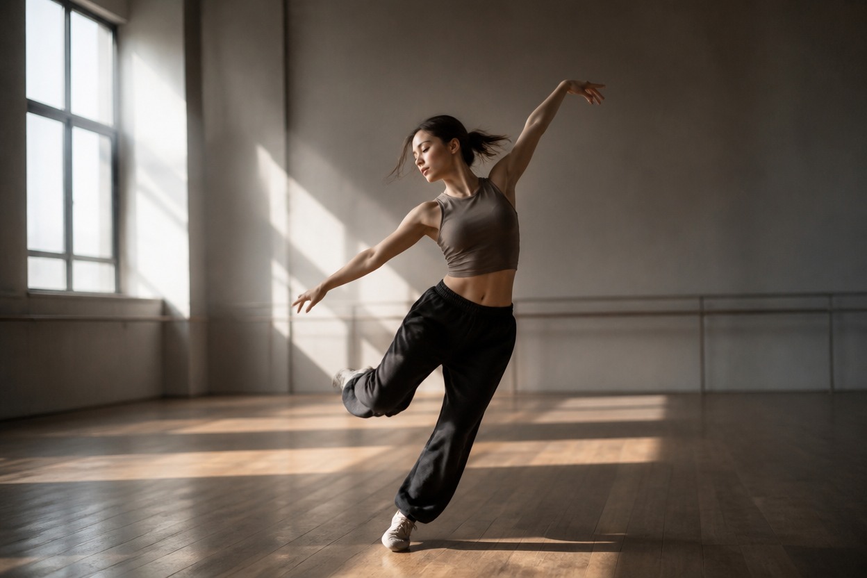 Solo dancer executing choreographed motion in a rehearsal space