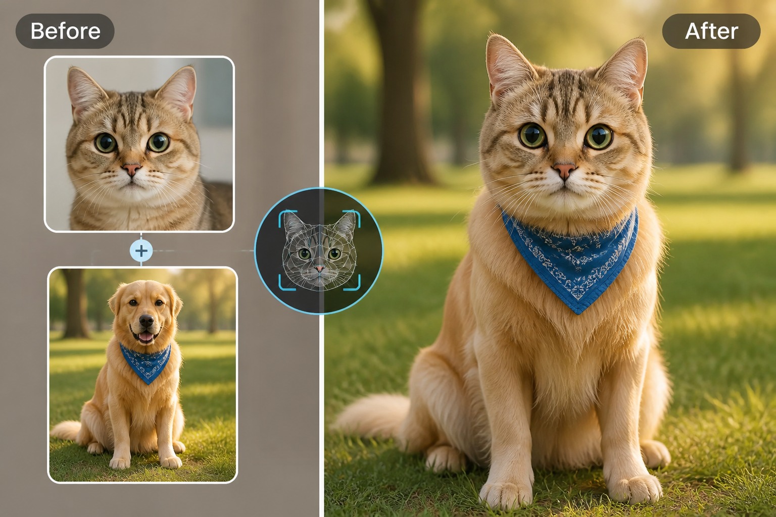 AI animal face swap hero visual with a playful pet face edit