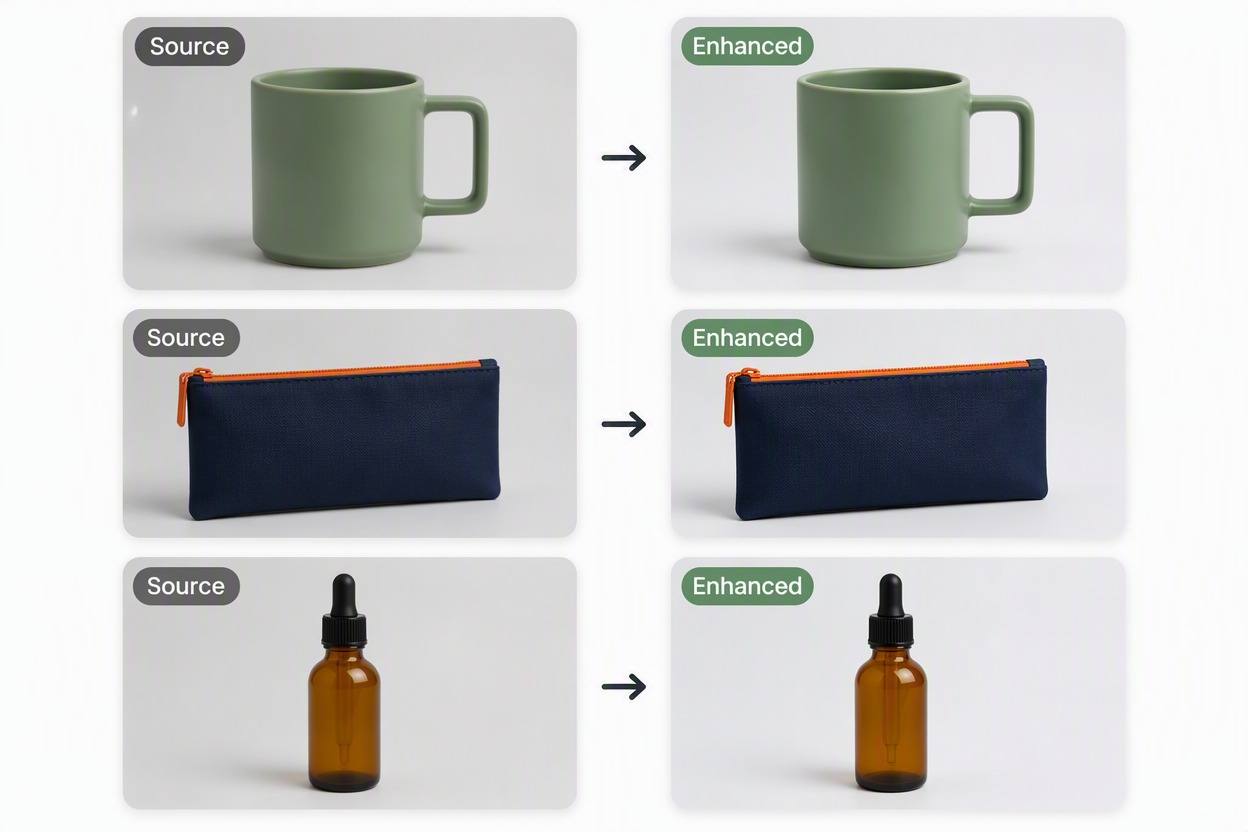 Zeigen Sie drei große, passende Quelle/Verbessert-Produktpaare mit einfacher Geometrie: matte salbeigrüne zylindrische Tasse mit einem eckigen Henkel, flache marineblaue rechteckige Reißverschlusstasche mit einem geraden orangefarbenen Reißverschluss und schlichte bernsteinfarbene Tropfflasche mit schwarzem Verschluss ohne Etikett. Verbessert ändert nur Schärfe, Licht und Kantenklarheit. Bewahren Sie exakte Silhouette, Farbe, Material, Henkel-/Reißverschluss-/Verschlussgeometrie, Zuschnitt und Hintergrund bei jedem Paar. Exakte Beschriftungen: Quelle, Verbessert. Kein Rucksack, keine Extrataschen, Gurte, Texturüberarbeitungen, glänzende Materialänderungen, Etiketten, Marken oder Werbeaussagen.