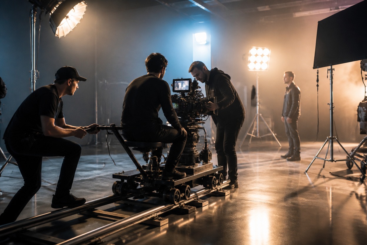 Film crew preparing a motion shot in a single studio scene