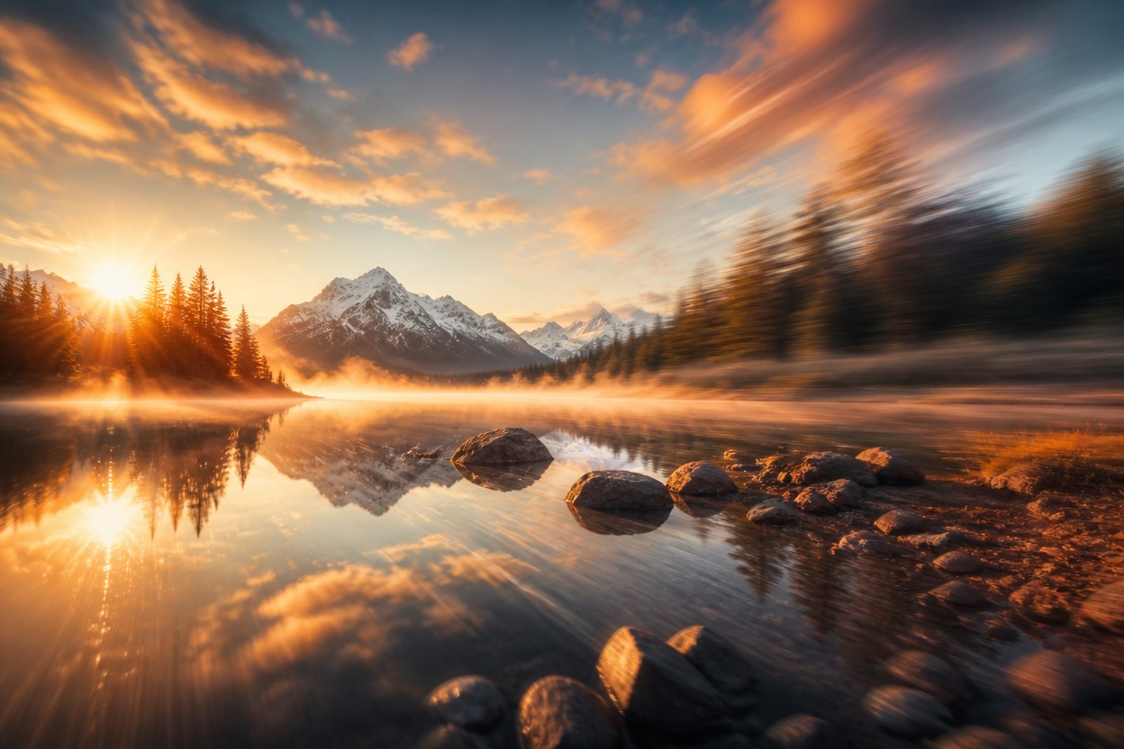 Cinematic landscape staged for first-frame image-guided motion