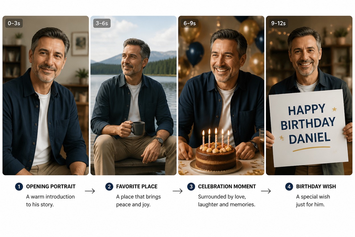 Birthday photo-story storyboard with four memory cards: opening portrait, favorite place, celebration moment, and birthday wish.